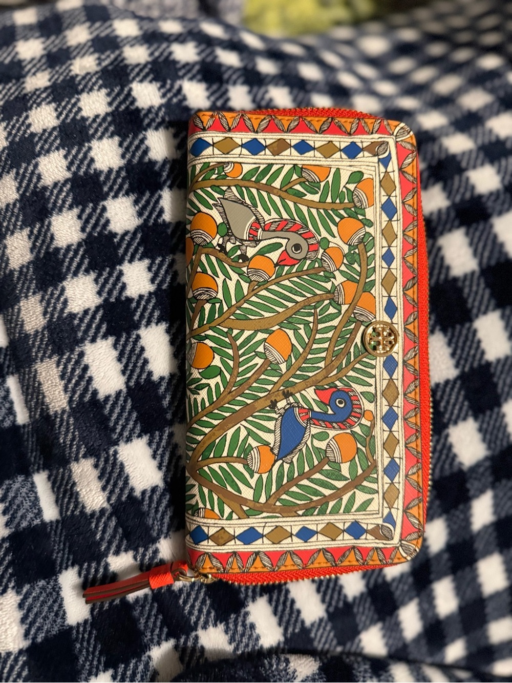 Tory Burch Multicolor Bird-Print Zip Wallet with Orange Trim